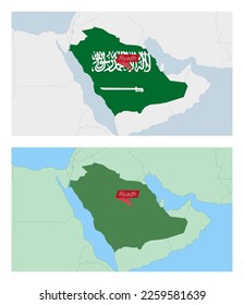 Saudi Arabia map with pin of country capital. Two types of Saudi Arabia map with neighboring countries. Vector template.