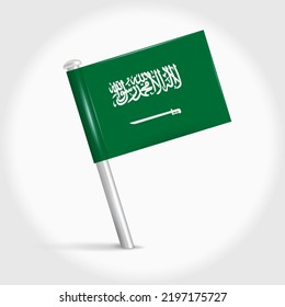 Saudi Arabia map pin flag icon. Saudi Arabian pennant map marker on a metal needle. 3D realistic vector illustration.