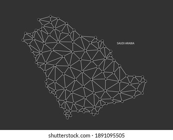 Saudi Arabia Map Point scales on black background. Wire frame polygonal network white line, dot and shadow dot.