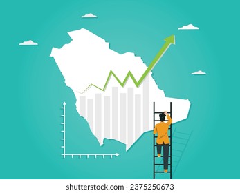 Saudi Arabia Map positive business graph with arrow. A Business man steps up stairs to successful point, Steps to starting a business success. Climb up businessman build ladder Saudi Arabia grow