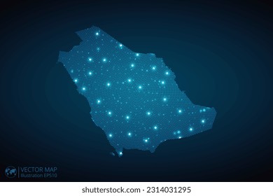 Saudi Arabia map radial dotted pattern in futuristic style, design blue circle glowing outline made of stars. concept of communication on dark blue background. Vector EPS10