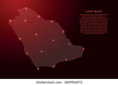 Saudi Arabia map from red pattern slanted parallel lines and glowing space stars grid. Vector illustration.