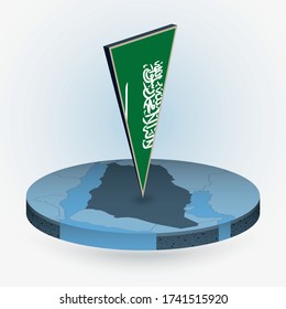 Saudi Arabia map in round isometric style with triangular 3D flag of Saudi Arabia, vector map in blue color. 