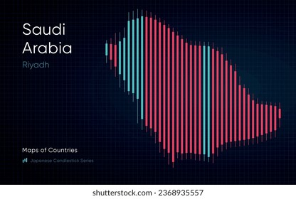 Saudi Arabia map is shown in a chart with bars and lines. Japanese candlestick chart Series