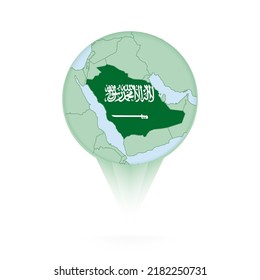 Saudi Arabia map, stylish location icon with Saudi Arabia map and flag. Green pin icon.