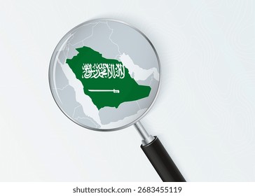 Saudi Arabia Map Under Magnifying Glass with National Flag Overlay. The image represents geographical focus, national identity, and exploration.