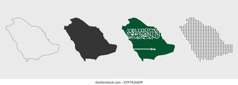 Saudi Arabia map in various style outline, grey, flag color, dotted