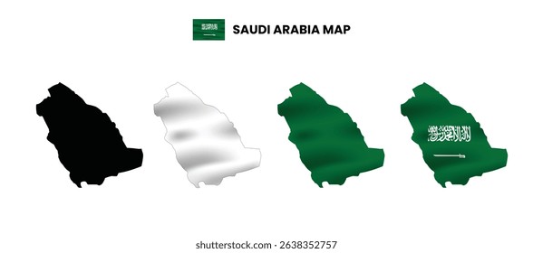 Saudi Arabia map in various style frames, icons, black color, borders, flag colors. Vector illustration