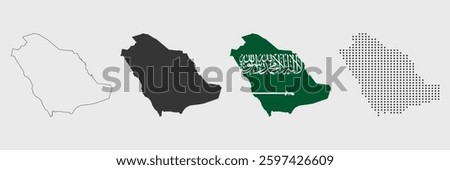 Saudi Arabia map in various style outline, grey, flag color, dotted