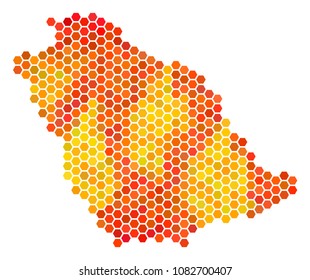 Saudi Arabia map. Vector hex tile territorial map drawn with bright orange color hues. Impressive Saudi Arabia map composition is done of hot hexagon spots.