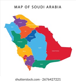 Mapa de Arabia Saudita Ilustración vectorial con regiones, Mapa de Vector de color de Arabia Saudita, Mapa de Vector de color, Mapa de frontera política Mapa de Arabia Saudita, provincias de Arabia Saudita, Regiones de KSA