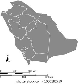 Saudi Arabia map vector outline with scales of miles and kilometers and borders of provinces in gray background. Saudi Arabia map with mileage and kilometer scales 