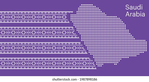 Saudi Arabia Map with Vector Seamless Saudi Arabia Traditional Purple Pattern Texture - Sadu, Sadou, Sadow or Sado. Vector Illustration. Eps 10