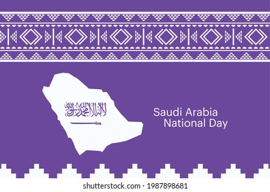 Saudi Arabia Map with Vector Seamless Saudi Traditional Purple Pattern - Sadu, Sadou, Sadow or Sado. Vector Eps 10 - Arabic Text Translation: There is no god but God and Muhammad is the messenger