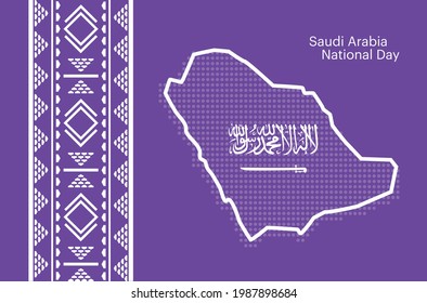 Saudi Arabia Map with Vector Seamless Saudi Traditional Purple Pattern - Sadu, Sadou, Sadow or Sado. Vector Eps 10 - Arabic Text Translation: There is no god but God and Muhammad is the messenger