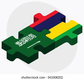 Saudi Arabia and Mauritius Flags in puzzle isolated on white background