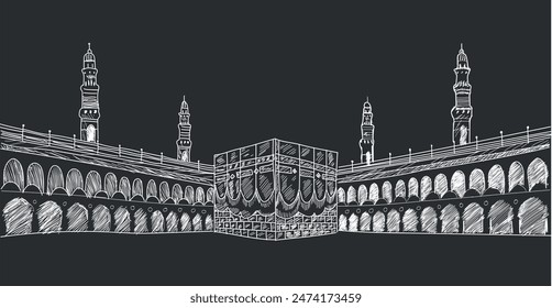 Saudi Arabien Mecca Kaaba Handzeichnung Vektorillustration Schwarz Hintergrund