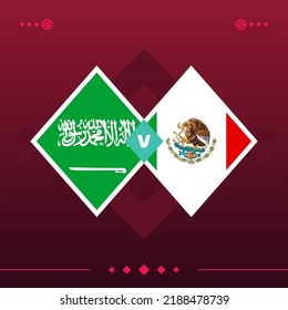 saudi arabia, mexico world football 2022 match versus on red background. vector illustration.