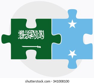 Saudi Arabia and Micronesia Flags in puzzle isolated on white background