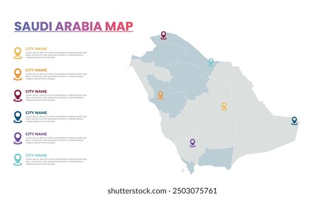 Saudi Arabia Modern Map Infographic Template, Detailed infographic map of Saudi Arabia Popular City