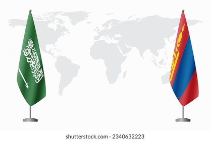 Banderas de Arabia Saudita y Mongolia para una reunión oficial en el contexto del mapa mundial.