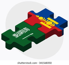 Saudi Arabia and Mongolia Flags in puzzle isolated on white background