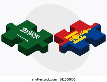 Saudi Arabia and Mongolia Flags in puzzle isolated on white background