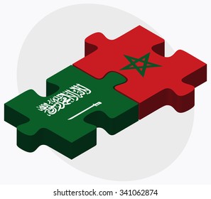 Saudi Arabia and Morocco Flags in puzzle isolated on white background