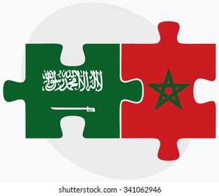 Saudi Arabia and Morocco Flags in puzzle isolated on white background