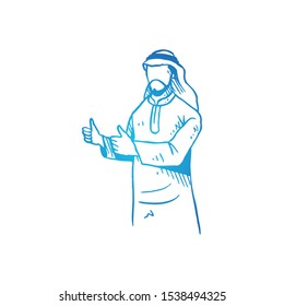 Saudi Arabia muslim man in thobe giving thumb up gesture. Business best performance, success hand drawn concept vector illustration. Sketch isolated design. Suitable for business presentation template