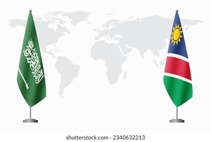 Banderas de Arabia Saudita y Namibia para una reunión oficial en el fondo del mapa mundial.