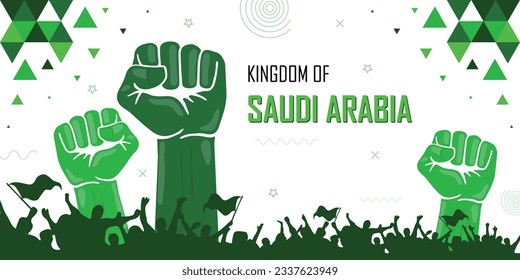Saudi Arabia nation flag color combination patriot banner, geometric abstract background design, raised fist, human hand, cheering people, victory celebration, strike, parade, riot, protest or rally