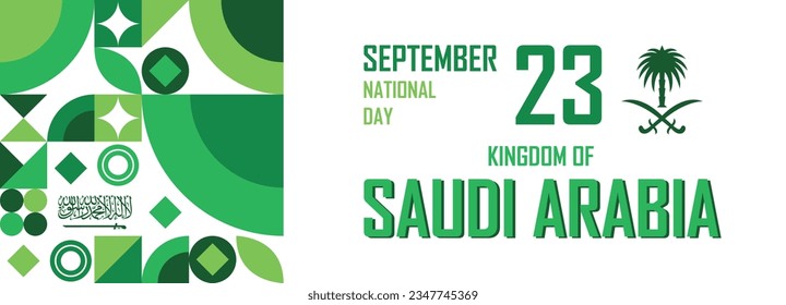 Banner del día de la independencia de Arabia Saudita, celebración del festival nacional, señal patriota de la combinación de colores de la bandera, espacio de copia, diseño abstracto geométrico de color verde con formas