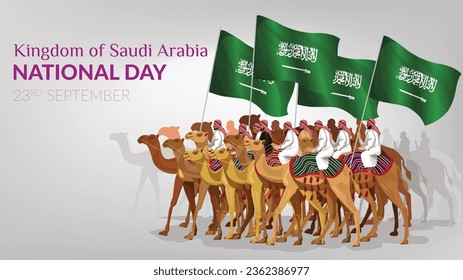 Saudi Arabia national day Arab camel ride march, KSA unification foundation day celebration, Camel safari in desert with Saudi flag, Camel Racing Championship in Arabia