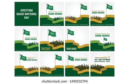 Saudi Arabia National Day. Arabic Text Translation: There is no god but God and Muhammad is the messenger of God. 23rd September. KSA Flag. Greeting Card. Vector Illustration.