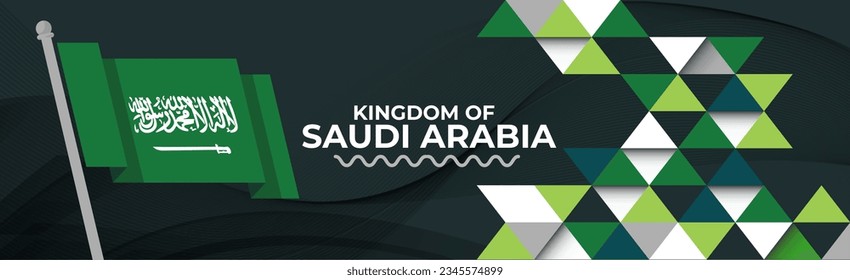 Banner del día nacional de Arabia Saudita, fondo de los colores de la bandera y diseño geométrico abstracto de blanco verde moderno. El Reino de Arabia Saudita abanderó el día de la independencia tema de negocios corporativos. Ilustración vectorial.