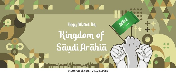 Saudi Arabia National Day banner in colorful modern geometric style. Happy National Independence Day greeting card cover with typography. Vector illustration for national holiday celebration party