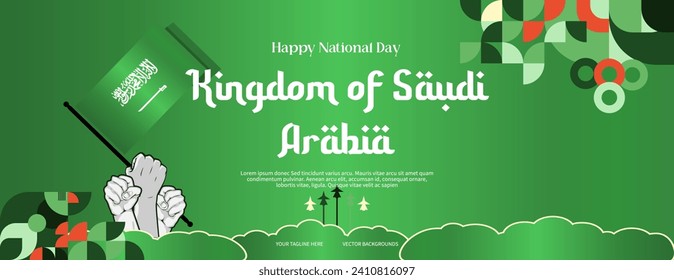 Saudi Arabia National Day banner in colorful modern geometric style. Happy National Independence Day greeting card cover with typography. Vector illustration for national holiday celebration party