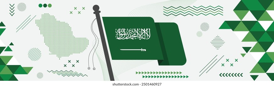 Saudi Arabia national day banner, flag And Map colors background and geometric abstract modern green white design. Kingdom of Saudi Arabia flag independence day corporate business theme.