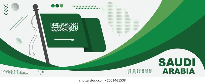  Saudi Arabia national day banner, flag colors background and geometric abstract modern green white design. Kingdom of Saudi Arabia flag independence day corporate business theme. Vector Illustration.