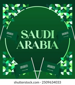Saudi Arabia National Day Banner in modern geometric style. Attractive square background with national flag, ideal for greeting cards and social media. September 23. Happy Saudi Arabia National Day