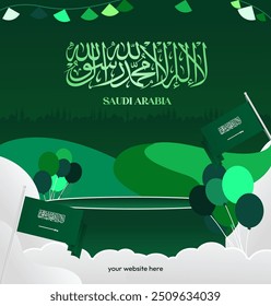Saudi Arabia National Day Banner in modern geometric style. Attractive square background with national flag, ideal for greeting cards and social media. September 23. Happy Saudi Arabia National Day
