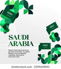 Saudi Arabia National Day Banner in modern geometric style. Attractive square background with national flag, ideal for greeting cards and social media. September 23. Happy Saudi Arabia National Day