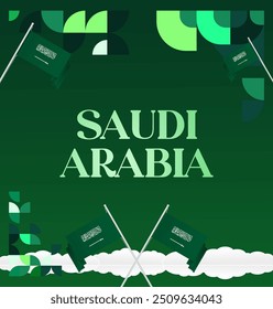 Saudi Arabia National Day Banner in modern geometric style. Attractive square background with national flag, ideal for greeting cards and social media. September 23. Happy Saudi Arabia National Day