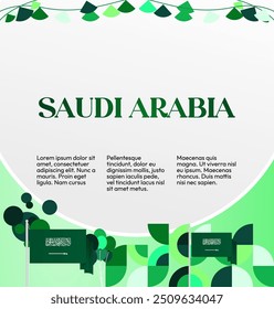 Saudi Arabia National Day Banner in modern geometric style. Attractive square background with national flag, ideal for greeting cards and social media. September 23. Happy Saudi Arabia National Day