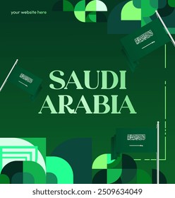 Saudi Arabia National Day Banner in modern geometric style. Attractive square background with national flag, ideal for greeting cards and social media. September 23. Happy Saudi Arabia National Day