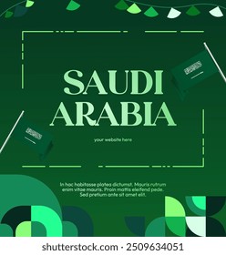 Saudi Arabia National Day Banner in modern geometric style. Attractive square background with national flag, ideal for greeting cards and social media. September 23. Happy Saudi Arabia National Day