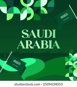 Saudi Arabia National Day Banner in modern geometric style. Attractive square background with national flag, ideal for greeting cards and social media. September 23. Happy Saudi Arabia National Day
