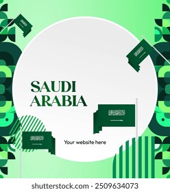 Saudi Arabia National Day Banner in modern geometric style. Attractive square background with national flag, ideal for greeting cards and social media. September 23. Happy Saudi Arabia National Day