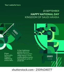 Saudi Arabia National Day Banner in modern geometric style. Attractive square background with national flag, ideal for greeting cards and social media. September 23. Happy Saudi Arabia National Day